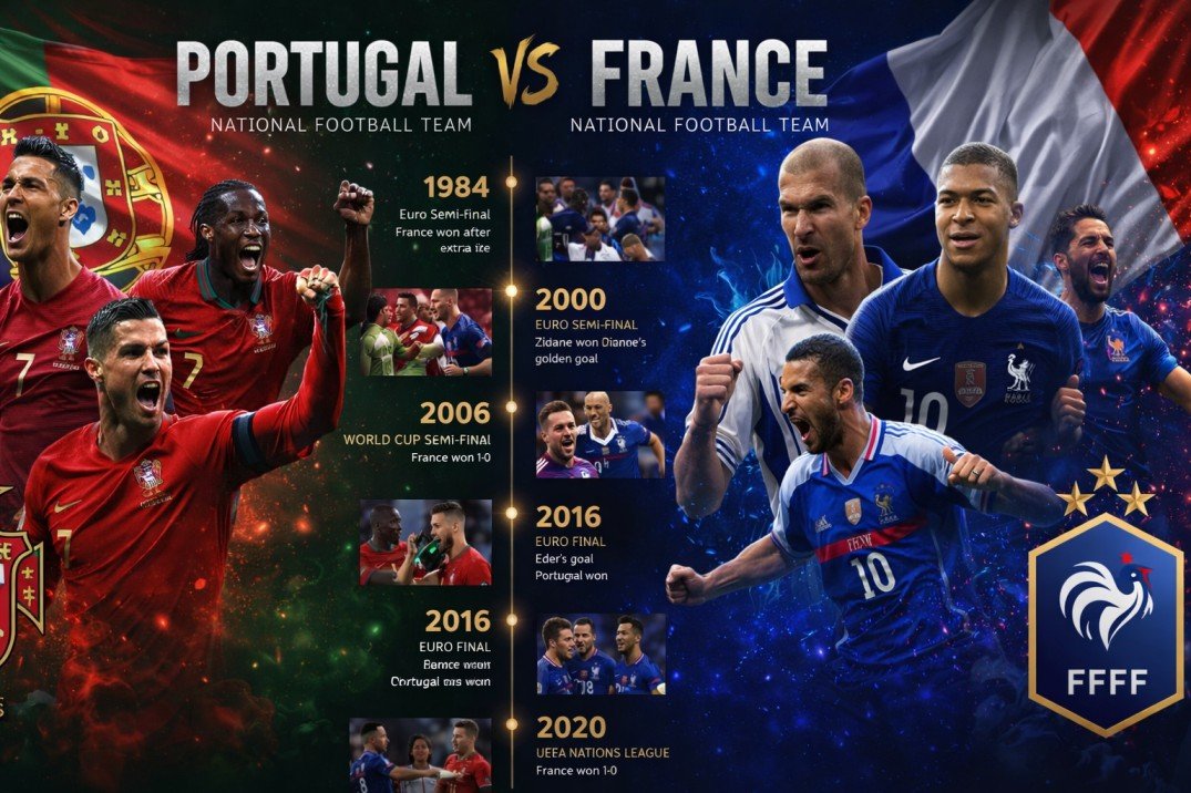 Explore the Portugal vs France football timeline, including historic matches, head-to-head stats, Euro 2016 final, World Cup clashes, and legendary players like Cristiano Ronaldo and Zidane.
