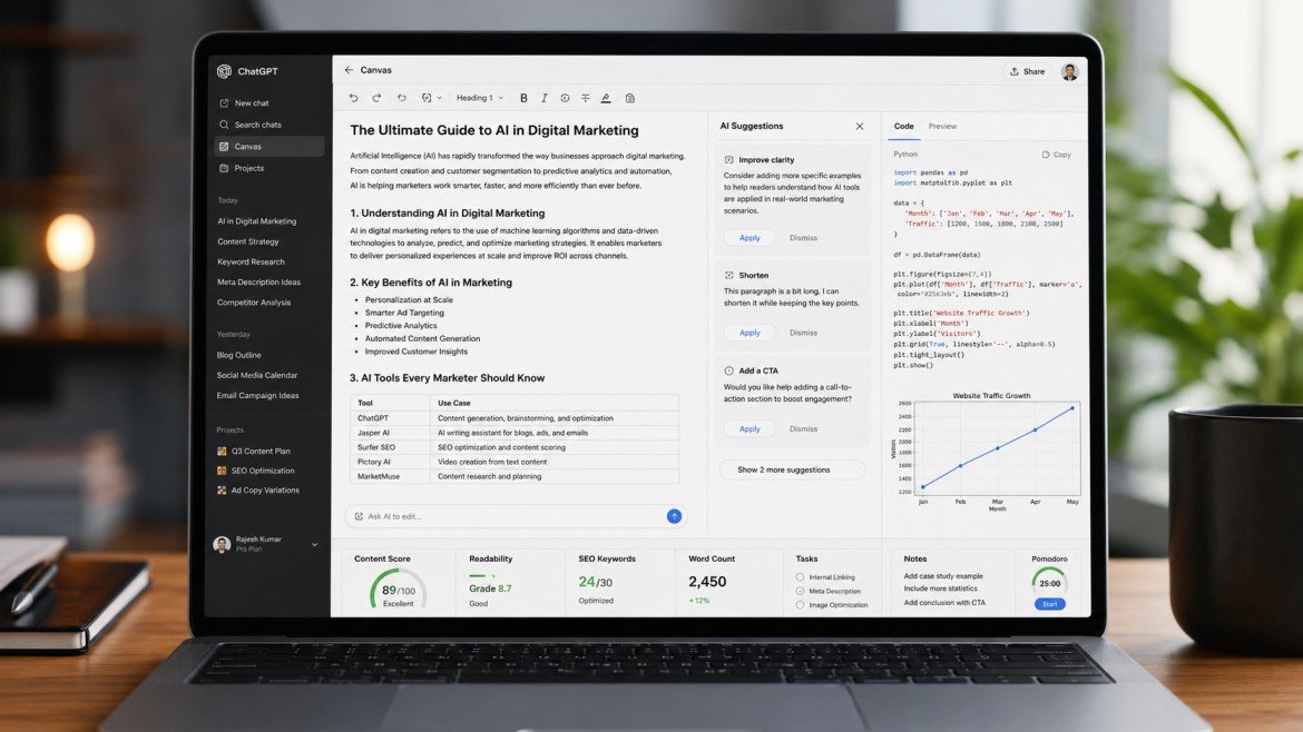 ChatGPT Canvas workspace for writing and coding projects