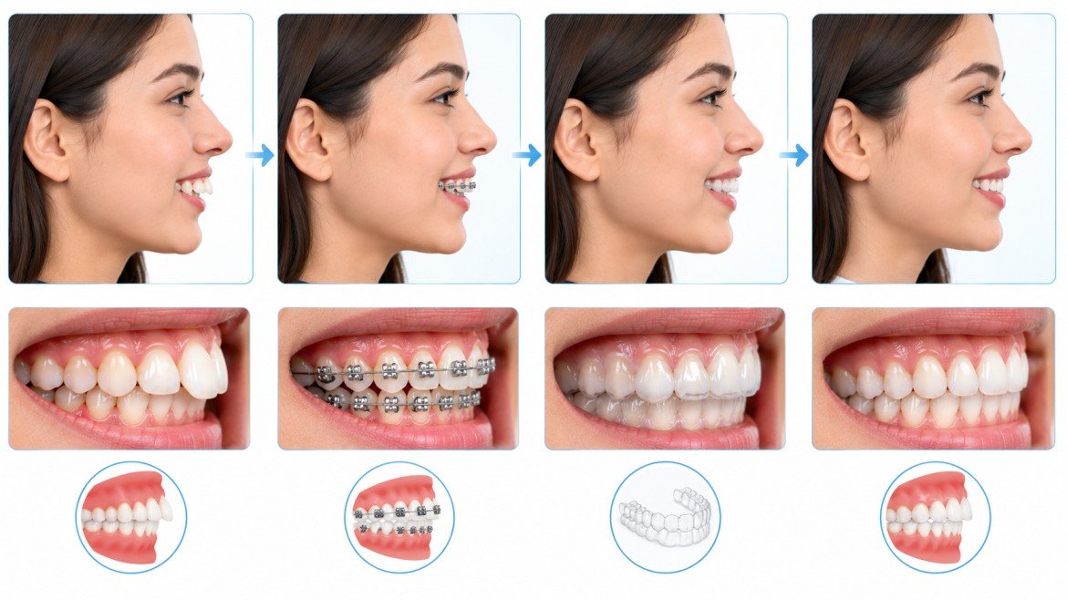 Bunny teeth treatment with braces and clear aligners