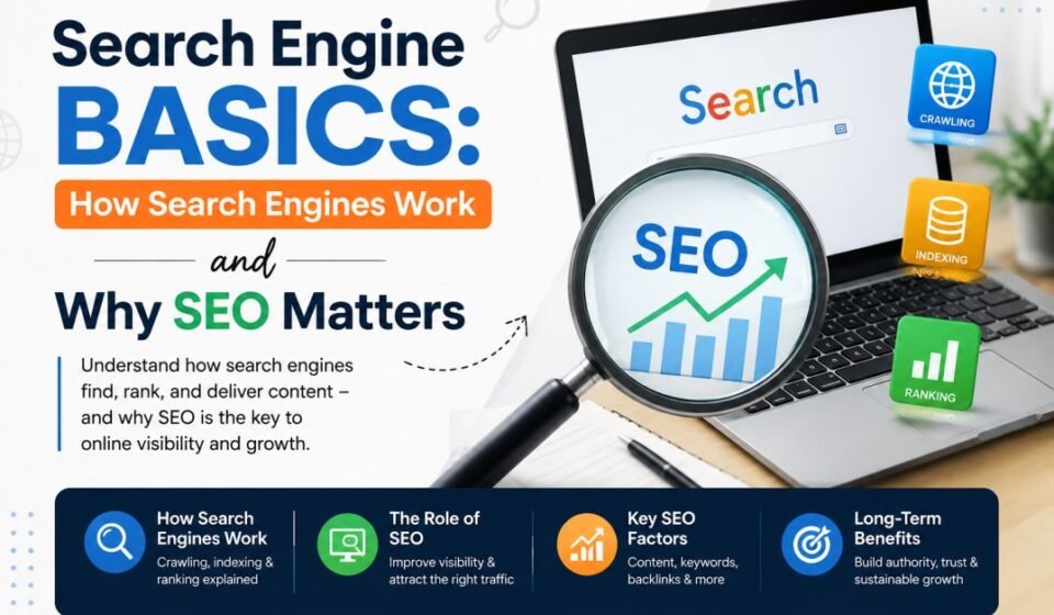 Learn search engine basics, including crawling, indexing, ranking, SEO, keywords, search intent, ranking factors, and technical SEO for beginners.