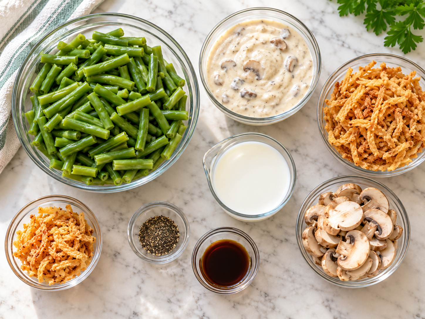 Ingredients for green bean casserole including green beans, mushroom soup, milk and crispy onions.
