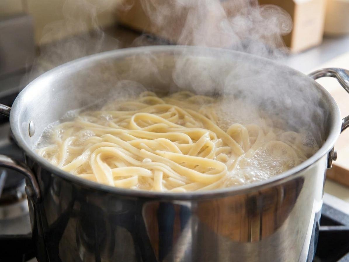 Fettuccine pasta cooking in boiling water
