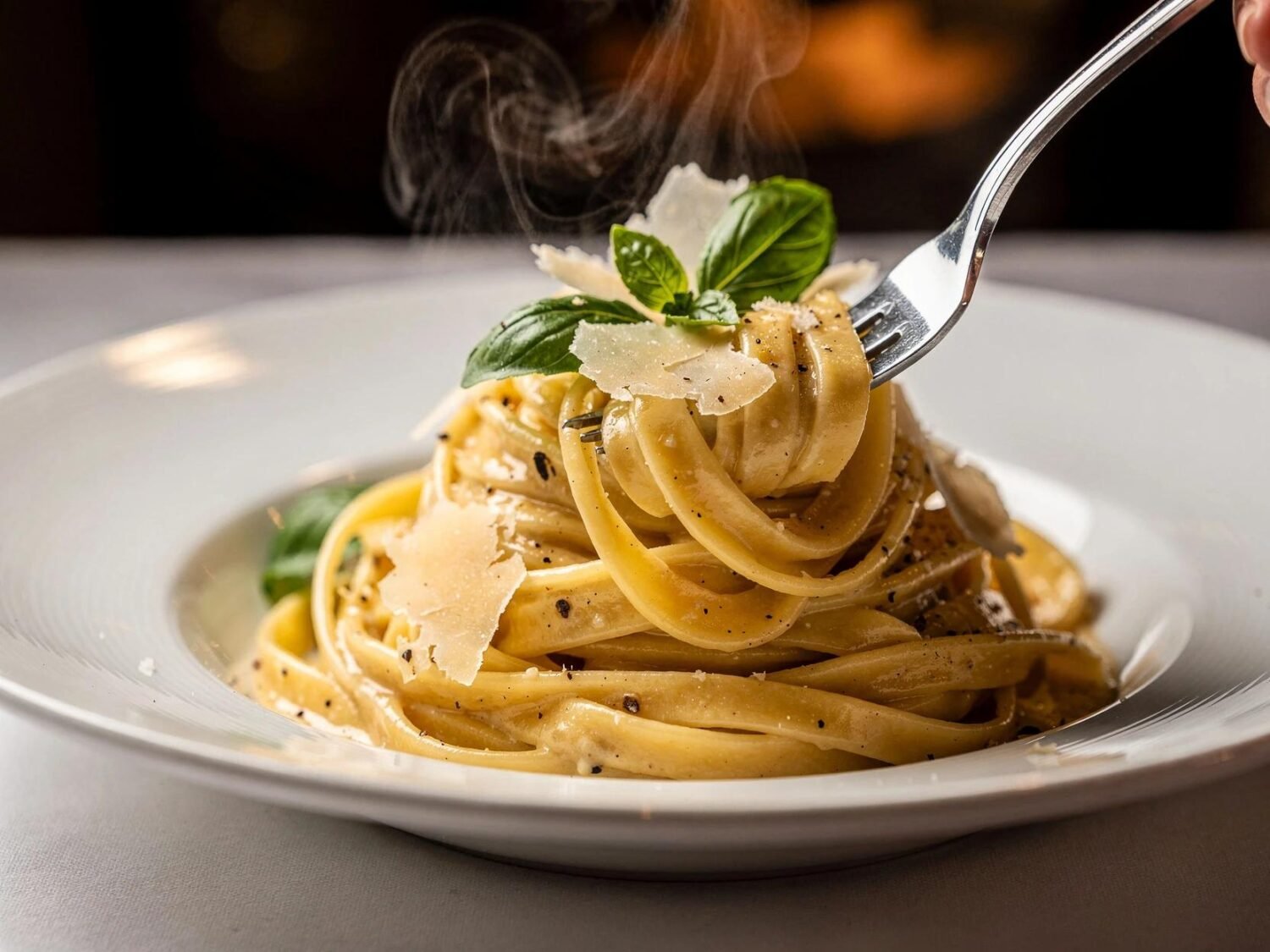 Creamy Fettuccine Alfredo served with freshly grated Parmesan