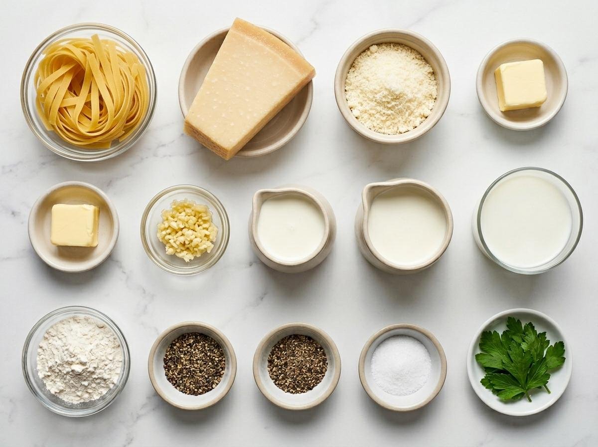Ingredients for homemade Fettuccine Alfredo pasta