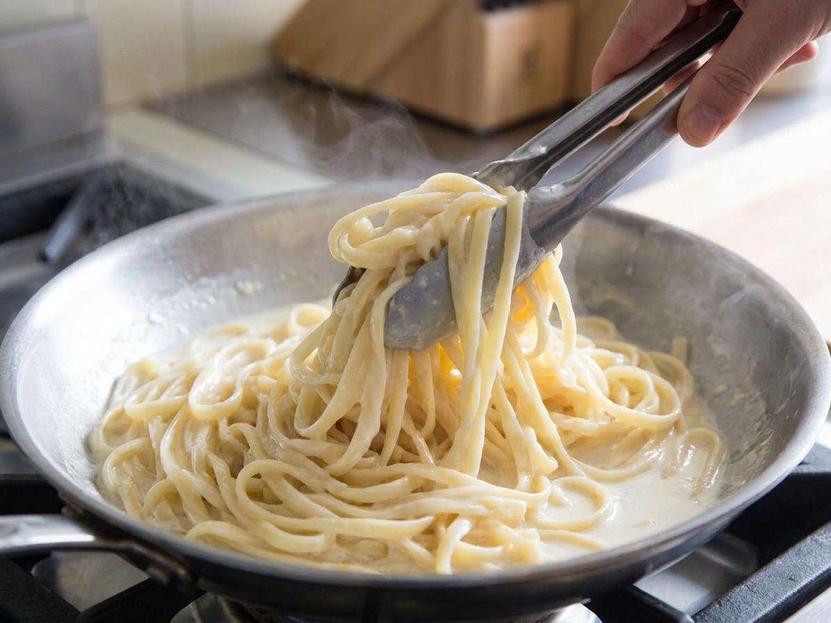 Fettuccine noodles tossed with creamy homemade Alfredo sauce